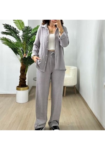 Kadın Dokulu Alt Üst Gömlek Takım - S504470 Gri