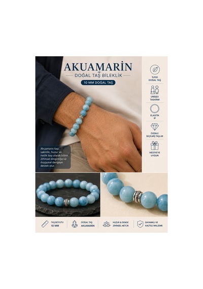 Leyan Doğaltaş Akuamarin Doğal Taş Bileklik 10 Mm Unisex Elastik Bileklik Doğal Taş Aksesuar Mavi Mavi