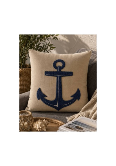 Punch Nakışlı Kırlent Kılıfı 45x45 Cm Kırlangıç Home Çapa Çiçek Desenli Bej-p.mavi