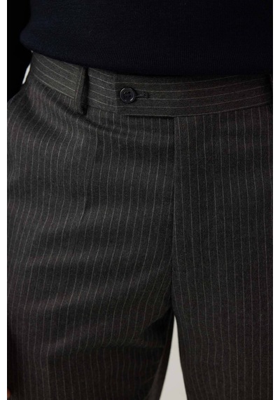 Erkek Gri Regular Fit Çizgili Yün Kumaş Pantolon