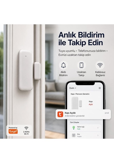 Tuya Wifi Akıllı Kapı Ve Pencere Sensörü, Açık/kapalı Dedektör, Alexa & Google Asistan Uyumlu, Ev Güvenlik Ala