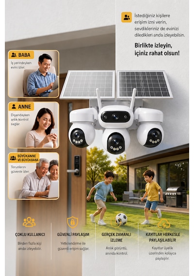 SIM-5874 Çift Solar Panelli 4G SIM Kartlı 3 Lensli PTZ Akıllı Dış Mekan Güvenlik Kamerası HD Suya Dayanıklı IP Kamera