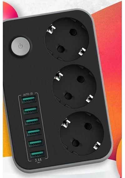 Portatif Tasarım Akım Korumalı 2 Metre 3 Lü Priz 6 Usb Port Çoklu Şarj Aleti