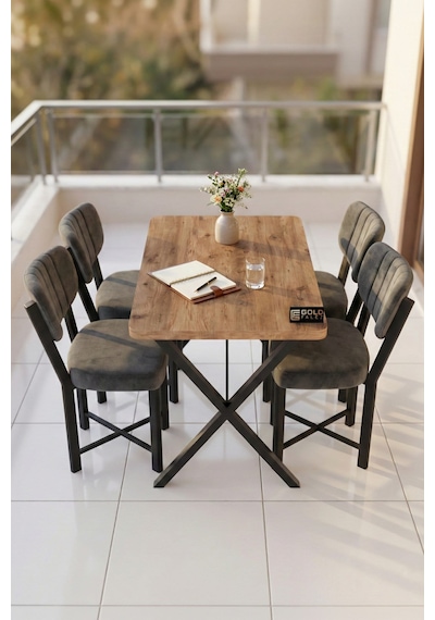 Reyo Falez Elma 110x70 Cm Masa Takımı 4 Sandalyeli Modern Mutfak Balkon Kafe Yemek Masası Seti Atlantik Çam - Antrasit 9885