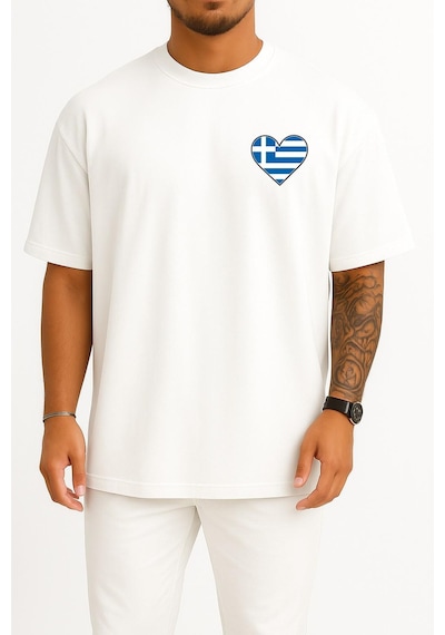 Bahriyeli Collection Oversize Flag Of Greece Graphy, Greece Cep Ve Sırt Tasarımlı Unisex T-shirt Beyaz