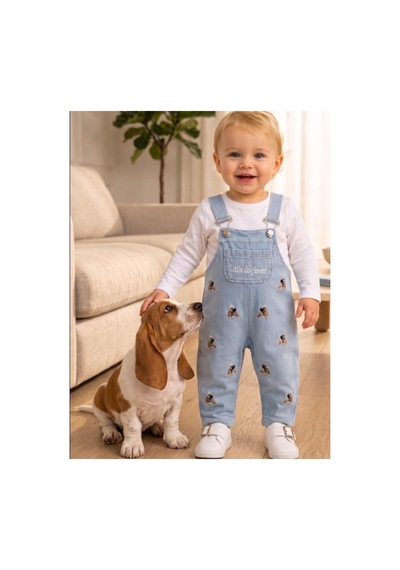 Altıntaş Baby Fırfır Köpek Örme Kot Kumaş Salopet Ve Tshirt 2'li Takım Fırfır Fırfır