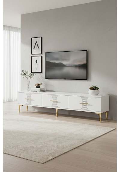 Tsa1832dbg Slim Tv Stand, Tv Sehpası Safirmeşe-beyaz-gold 180cm