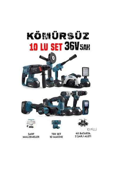 Chelikbei Eea389 Akülü 10 Lu Set Led Işık +lazer Metre +somun Sıkma + Dekupaj + Oto Yıkama + Sunta Kesme + Darbeli Vidalama + Spral + Kırıcı Delici Matkap + Çok Fonksiyonlu Taşlama