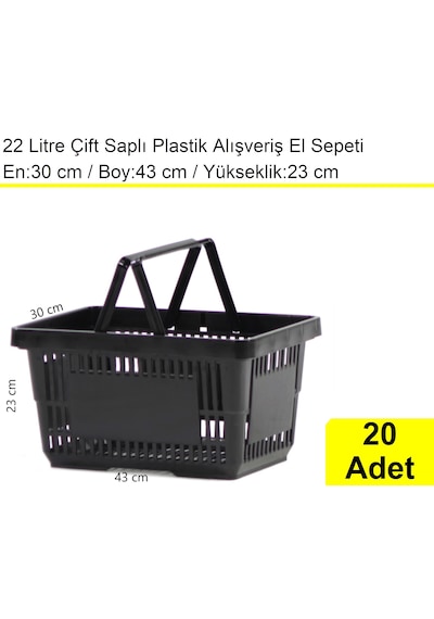 Plastik Alışveriş El Sepeti Çift Saplı 22 Litre Siyah 20 Adet / En:30 Boy:43 Yükseklik:22 Cm Siyah