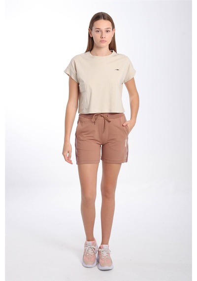 Maraton Sportswear Comfort Kadın Bisiklet Yaka Kısa Kol Basic Kil Rengi Crop Top 20856 Gri