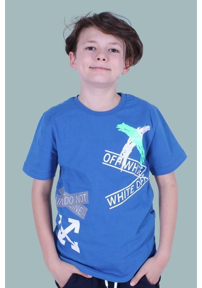 Panios Kids X Baskılı Sıfır Yaka Erkek Çocuk Mavi T-shirt Mavi