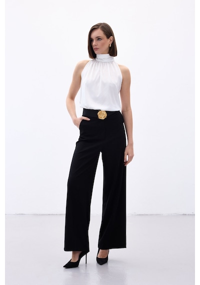 Sateen Palazzo Krep Pantolon - Siyah-136704 siyah