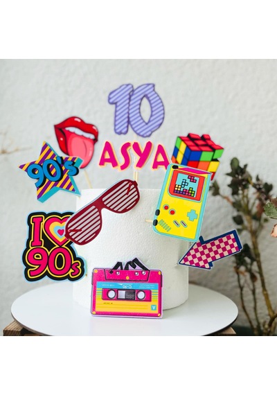 Doksanlar Retro Temalı Doğum Günü Pasta Süsü Seti Retro İsme Özel 3d Pasta Süsü Seti Çocuk