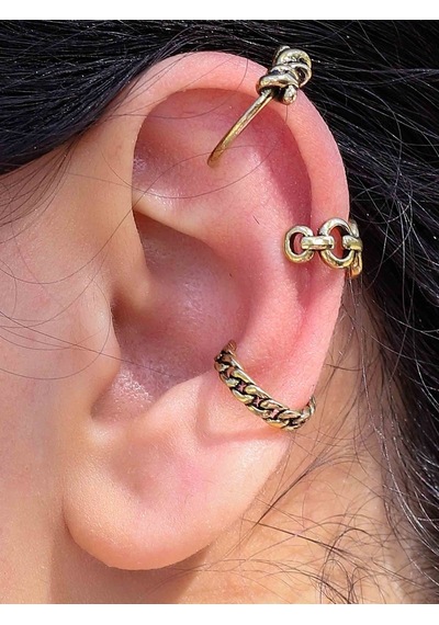 Vintage Antik 3'lü Deliksiz Ear Cuff Ayarlanabilir Kıkırdak Küpe Seti Eukk8 Sarı