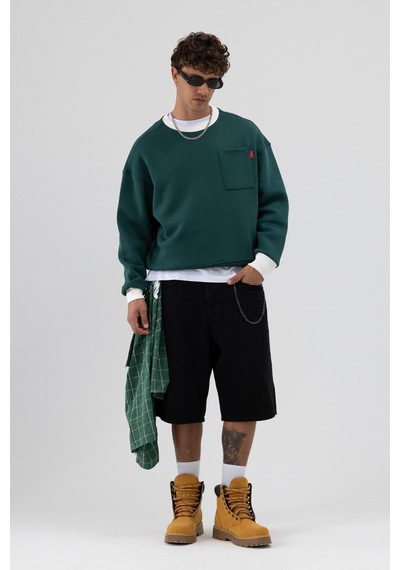 Vamos Bisiklet Yaka Cep Detaylı Oversize Sweatshirt Nefti