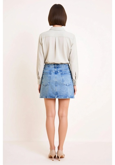 Benerly Kadın Mini Denim Etek Orta Bel %100 Pamuk Rigid Dokuma Klasik Kes Mavi