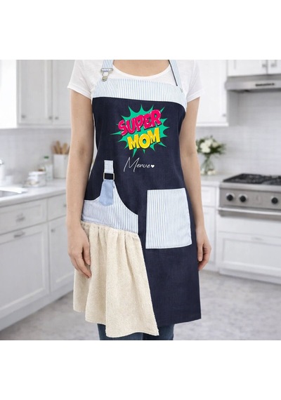 Bk Gift Kişiye Özel Anneler Günü Tasarımlı Pamuk Denim Havlu Detaylı Mutfak Önlüğü -2, Anneye , Anneler Günü si Kobitmeyencom36576 Bk Gift Renkli