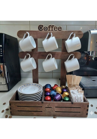 Ahşap Kahve Köşesi - Fincan Askılık, Kahve Kapsülü Ve Şeker Organizeri, Kahve Sepeti. 30cm Ahşap Stand