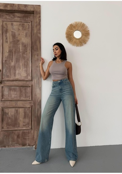 Kadın Wide-leg Yüksek Bel Geniş Paça Kot Pantolon Mavi Tint Mavi+tint