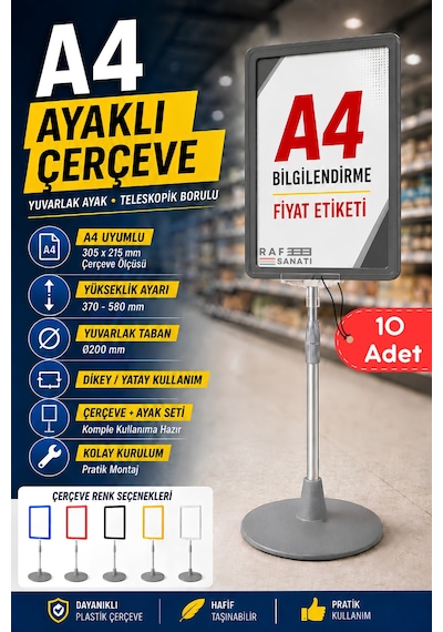 10 Adet - A4 Ayaklı Çerçeve Seti Yuvarlak Tabanlı Teleskopik Fiyat Etiketi Standı Gri