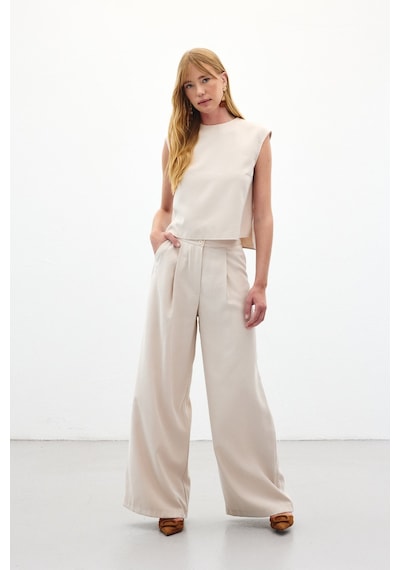Sateen Geniş Paça Pantolon - Taş-136451 Taş