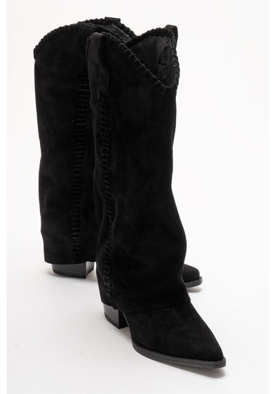 Luvishoes Tyler Siyah Süet Hakiki Deri Dikişli Kadın Western Çizme Siyah Süet