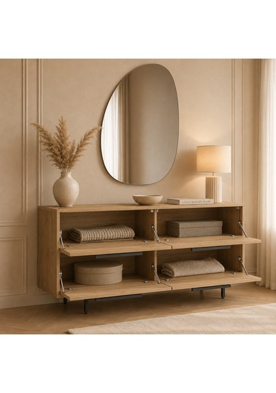 Voguemaxima Home Marina 4 Kapaklı Metal Ayaklı Konsol 160x44,5x74,3 Cm Sepet Bej
