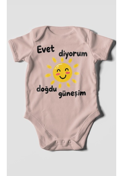 Morivokids Evet Diyorum Doğdu Güneşim Kısa Kollu Bebek Body %100 Pamuk Pastel Pembe