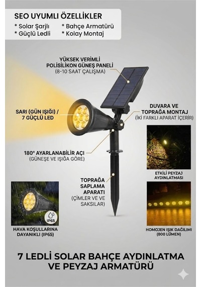 7 Ledli Solar Bahce Aydinlatma Armaturü Gun Isigi Peyzaj Lambasi Ip65 Su Gecirmez Gunes Enerjili