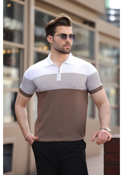 Madmext Vizon Renk Bloklu Polo Yaka Triko Erkek T-shirt E7409 Vizon