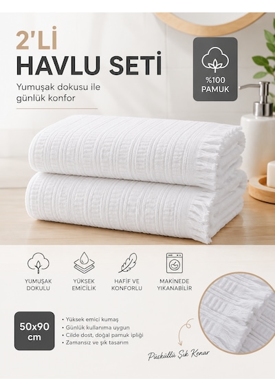 2'li Yüz Havlusu Seti 50x90 Cm Pamuklu El Havlusu Püsküllü Yumuşak Dokulu Yüksek Emici Günlük Kullanım Beyaz