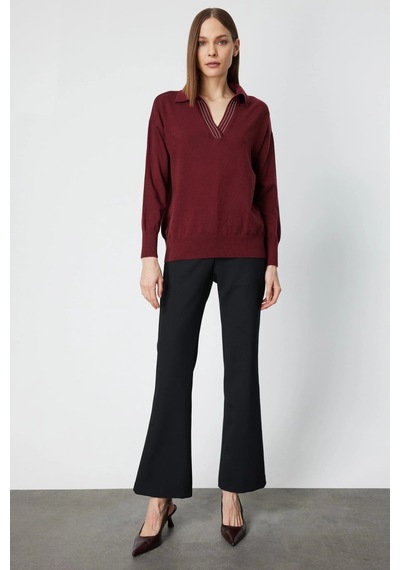 On Fashion Kadın Yakası Zincirli Polo Yaka Bordo Kazak 66336 Bordo
