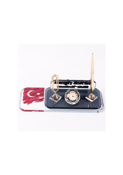 Türk Bayrağı Motifli Ofis Masa İsimlik Ataçlı Kalem Saatli