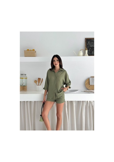 Wellway Keten Kumaş Oversize Gömlek & Şort İkili Takım-haki Haki