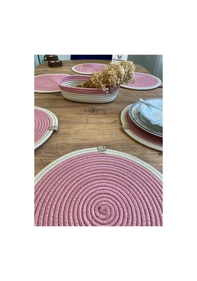 Jüt Hasır Amerikan Servis Supla Ve Sepet 7 Parça Pembe Krem Pembe Krem