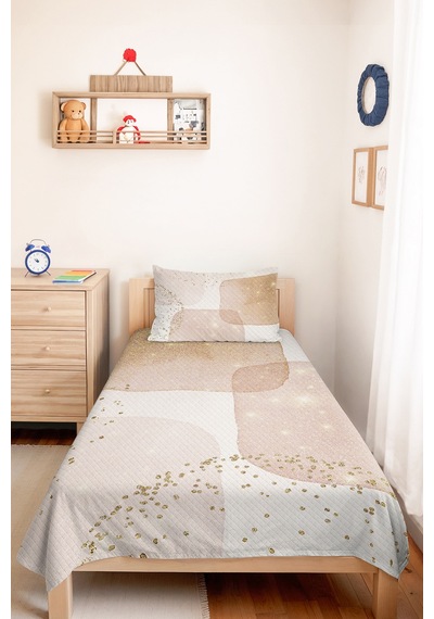 Modern Bej Geometrik Tek Kişilik Pike Takımı - Pudra Altın Simli 160x220 Cm Kapitone Yatak Örtüsü Narin Kervan Aurası