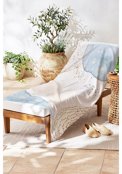 Mermer Dokulu Gold Detaylı Plaj Havlusu - Modern Bohem Mavi Bej Hızlı Kuruyan Mikrofiber Havlu Örtü Serin Zeytin