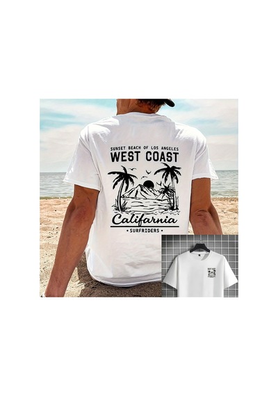 Caddemia Gündelik Bol Retro Kaliforniya Plaj Sörf Desenli Baskılı Yuvarlak Yaka Beyaz 2XL