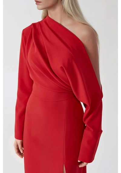 Hiccup Asimetrik Yaka Yırtmaçlı Bodycon Midi Elbise Kırmızı
