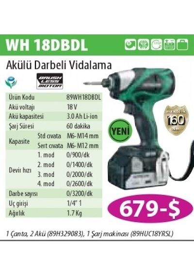 Hitachi Wh18dbdl Akülü Darbeli Vidalama 3.0ah Somun Sıkma Sökme