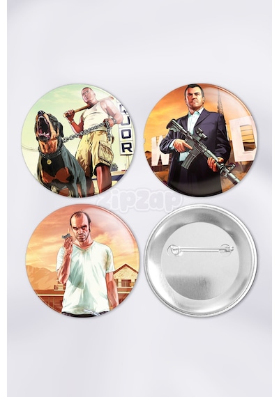 Gta 5 Video Oyun Bilgisayar Oyunu Çanta Süsü Rozet İğneli Buton Rozet Seti 3 Adet Çok Renkli