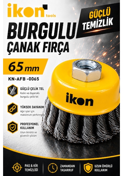 İkon Tools Burgulu Çanak Fırça 65 Mm Taşlama Uyumlu Çelik Tel Fırça Pas Kir Boya Temizleme Fırçası