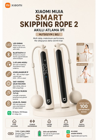 Mijia Smart Skipping Rope 2 Akıllı Atlama İpi Led Ekran Bluetooth 5.1 Ayarlanabilir 3 Metre Bej