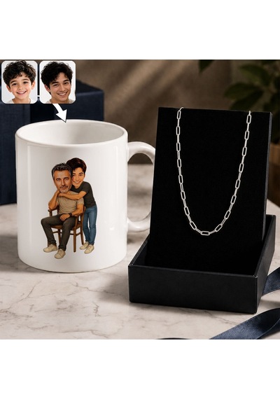 Bk Gift Kişiye Özel Baba&çocuk Karikatürlü Beyaz Kupa & Ataç Zincir Kolye -6, Babalar Günü Hediyesi Gümüş