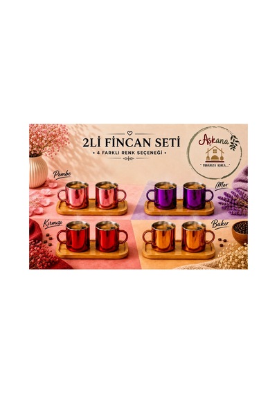 Aynalı Borosilikat Cam Türk Kahvesi Fincan Seti,mor,2x125ml Bambu Tabaklı, Isıya Dayanıklı Mor