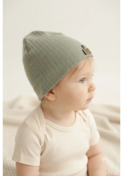Organik Pamuklu, Yumuşak Dokulu, Ribanalı Düz Model 3 Lü Set Unisex Bebek Şapkası-kiremit-yeşil-krem