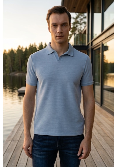 Süvari Regular Waffle Kumaş V Patlı Polo Yaka Nefes Alabilen T-shirt Buz Mavi