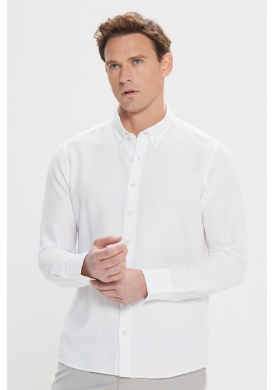 AC&Co / Altınyıldız Classics Erkek Beyaz Pamuklu Slim Fit Dar Kesim Düğmeli Yaka Gofre Desenli Gömlek Beyaz