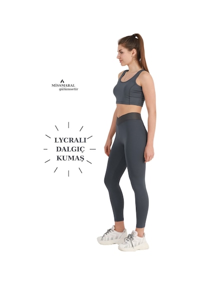 Missmaral Kadın Yüksek Bel Antrasit Bilek Boy Tayt Özel Üretim Çapraz Kemer Cross Waist 1011 Antrasit