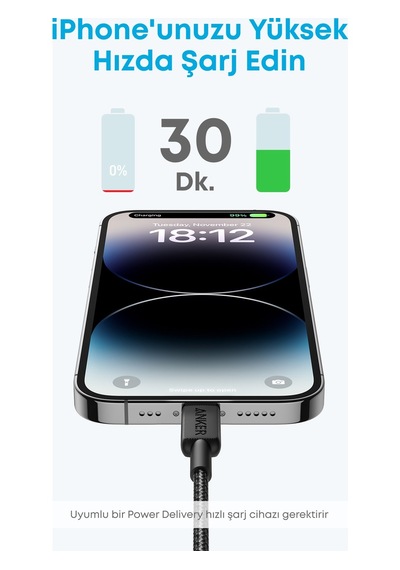 Anker 322 Lightning Hizli Sarj Kablosu 90 Cm Siyah A81b5 Apple Lightning